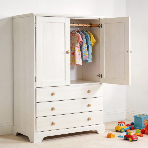 White Wooden Kids Wardrobe with Drawers